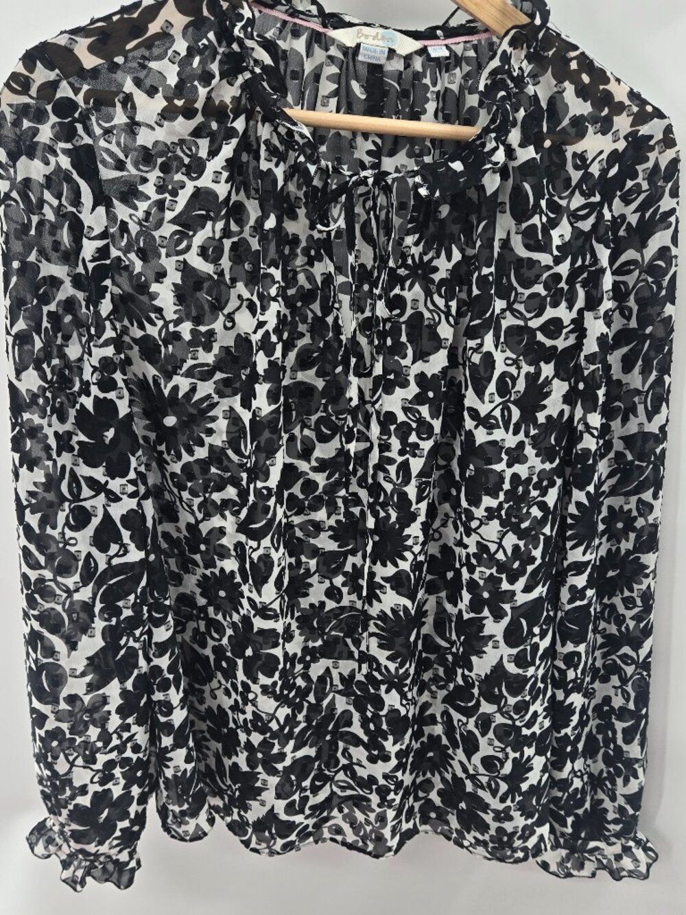Boden Black White Sheer Maddie Floral Ruffle Blouse Size 10